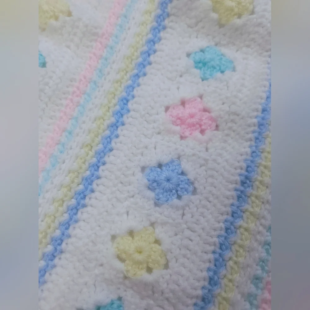 Handmade White And Pastel Pink Blue Yellow 30x33 Inch Crib Baby Blanket